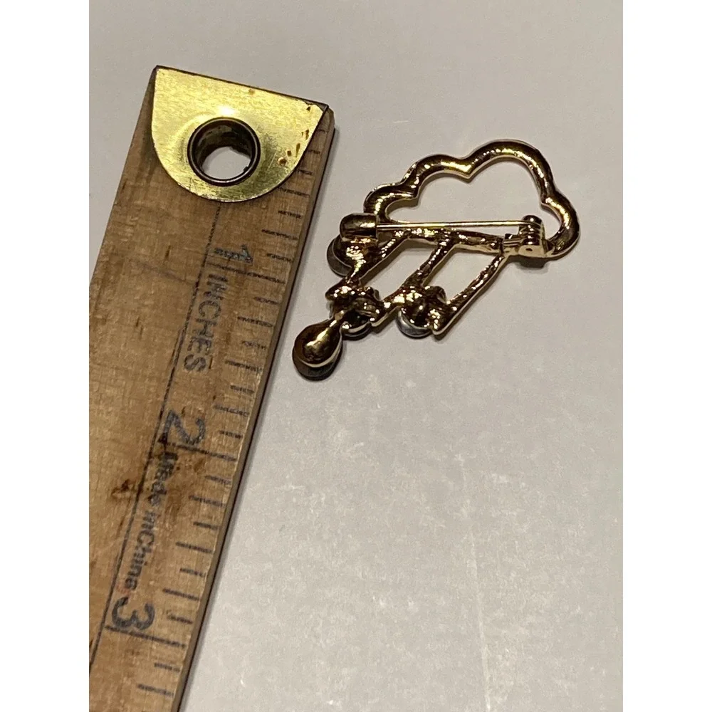 Gold Tone Rhinestone Rain Cloud Brooch Blue Teardrop Raindrop Pin